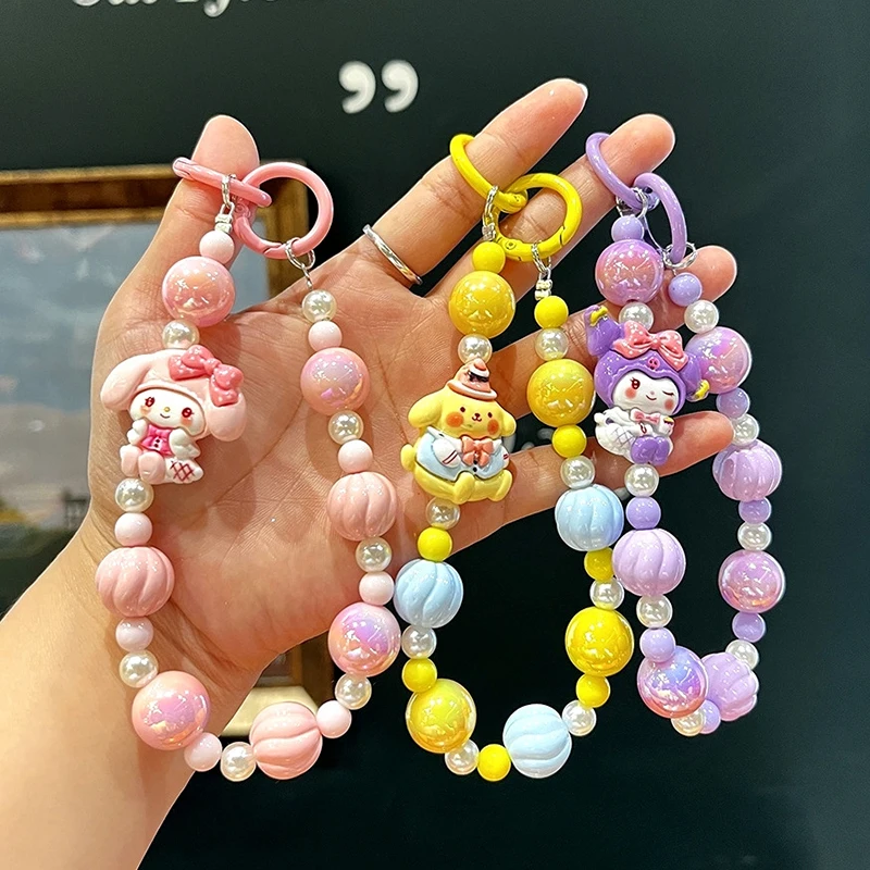 Sanrio Kuromi Beads Phone Chain Cinnamoroll Melody Keychain Sweet Girl Wrist Strap Bracelet Earphone Case Charm Bag Decor