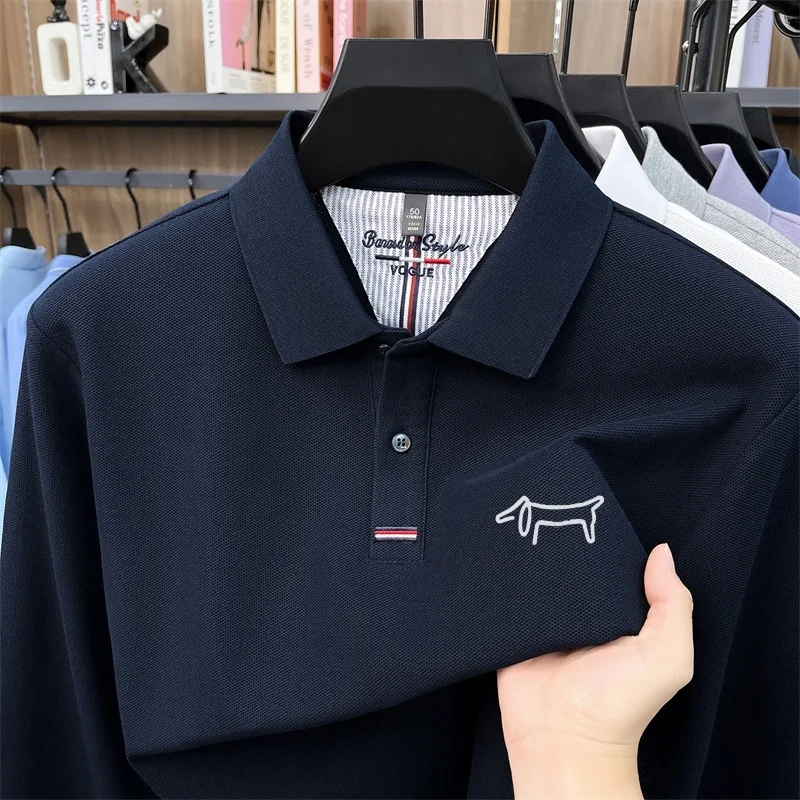 Autumn New Fashion Men's Solid Color Print Polo Shirt 100% Cotton Lapel Comfort Long Sleeved T-Shirt Daily Versatile Men's Wear