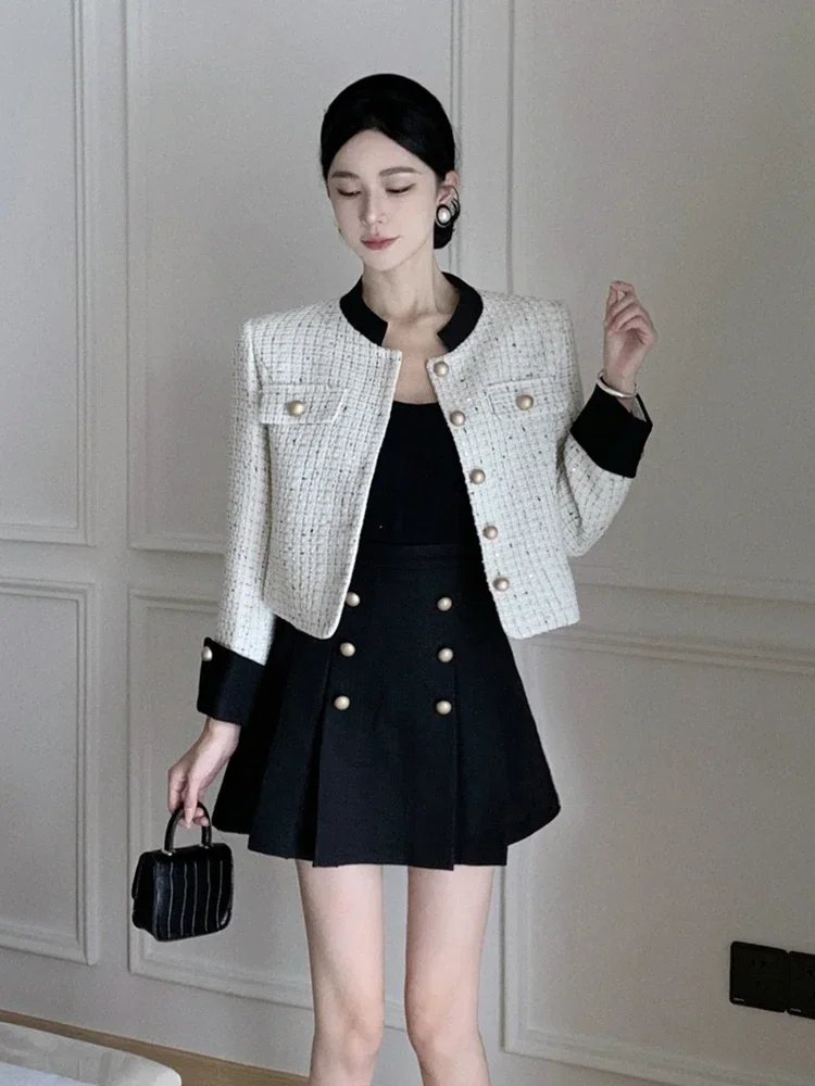 High Quality Small Fragrance Two Piece Set For Women Short Tweed Jacket Coat + Pleated Skirt 2 Piece Suits Conjuntos Femininos