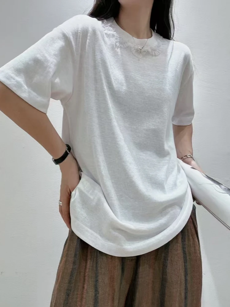 

Весна-Лето 2026: Повседневная женская футболка с кружевной отделкой, круглым вырезом и коротким рукавом, свободного кроя, универсальная, стильная, в простом стиле