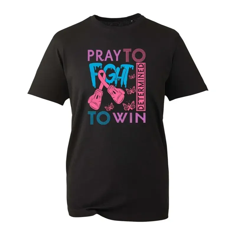 Pray To Fight Determine Win T Shirt Breast Cancer Awareness Boxing Gloves Top