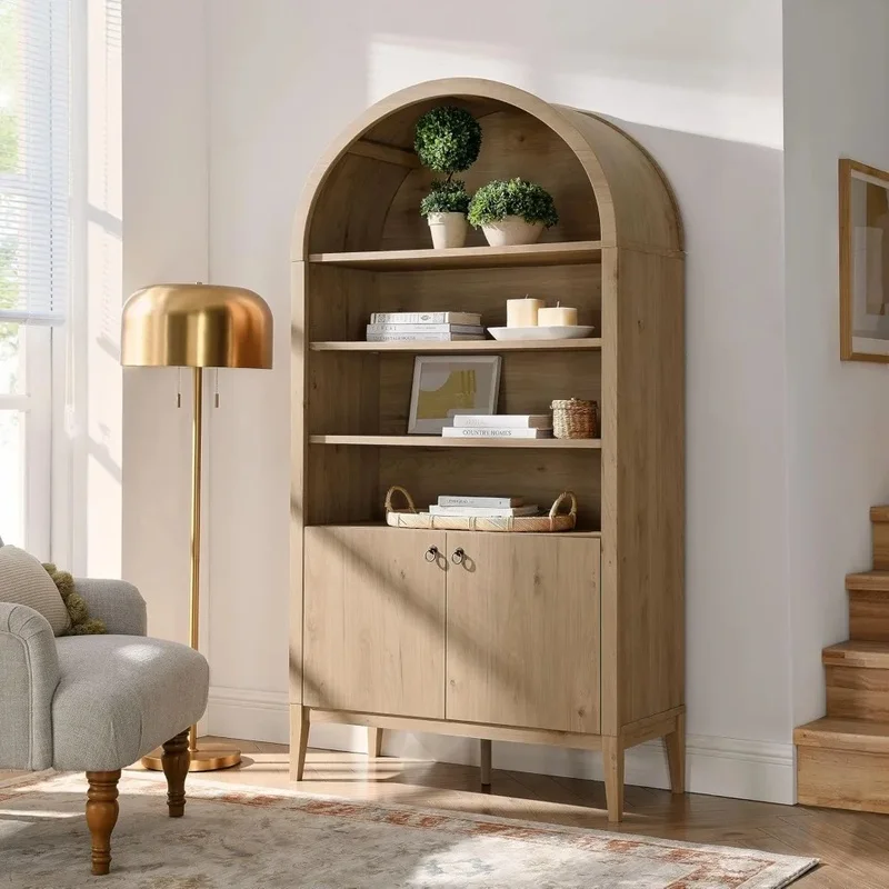 Tall Arched Storage Display Cabinet in Light Oak - 74 Inch Bookshelf with Open and Closed Shelving - Modern Accent Cabinet