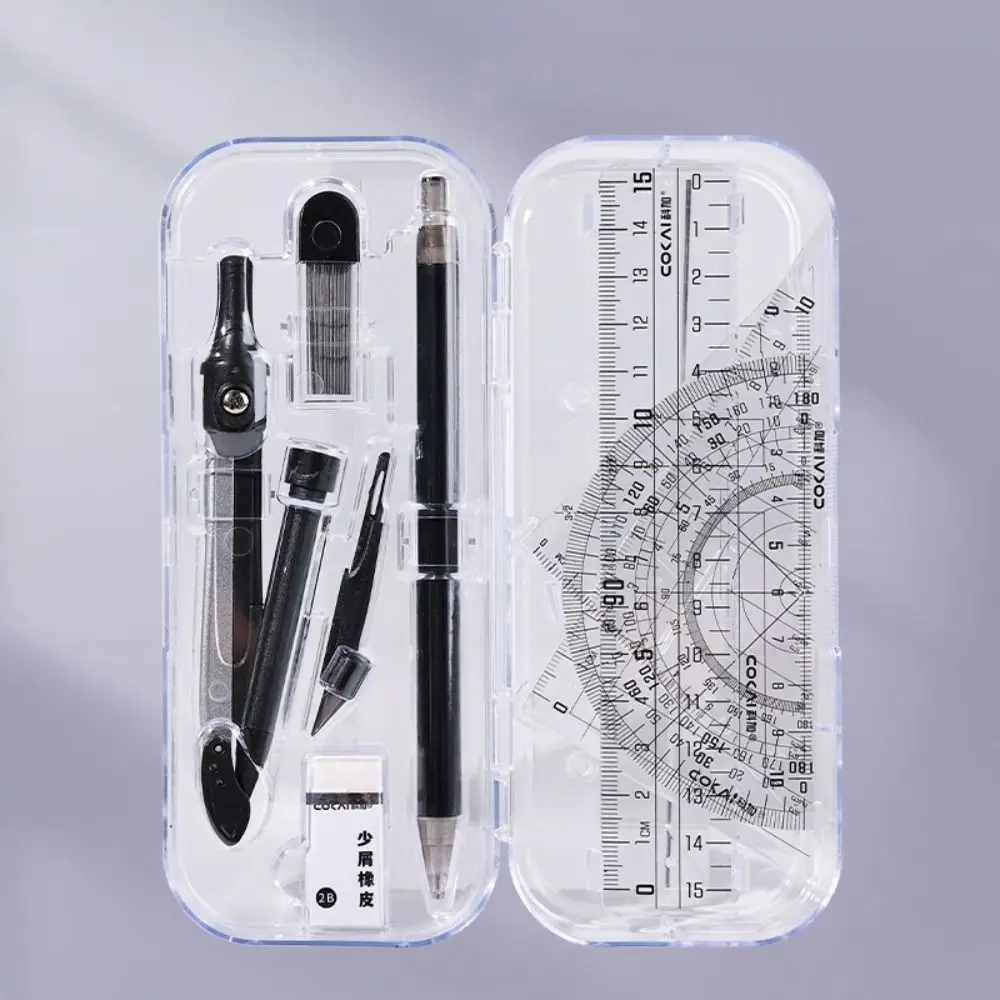8PCS/Set Plastic Ruler Compasses Set Eraser Straight Ruler Protractor Set Square Mechanical Pencil Measuring Ruler Gift