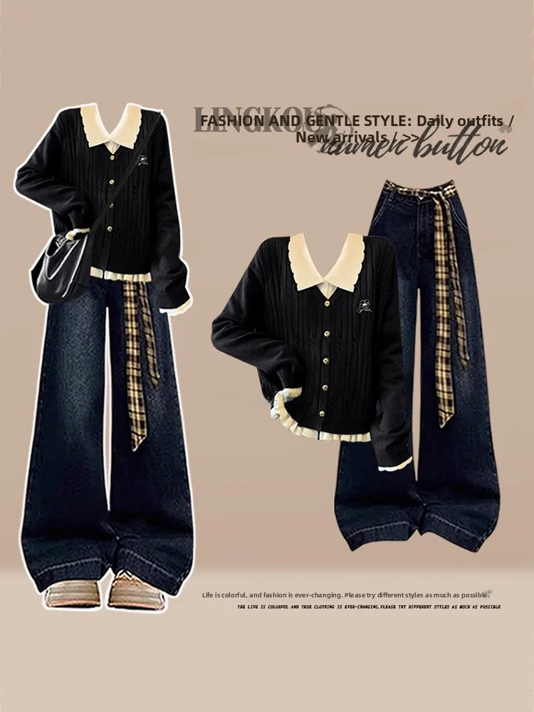 

Fall Fashion Knitted Cardigan And Slimming Vintage Jeans Women's Set High Waist Long Pants Striped Pattern Midi Length Dresses