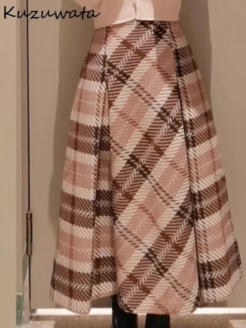 Kuzuwata Harajuku A-line Ruched Plaid Slim Moda Skirt Mid-length Wool Elegant All-match Faldas Japan New Exquisite Mujer Falda