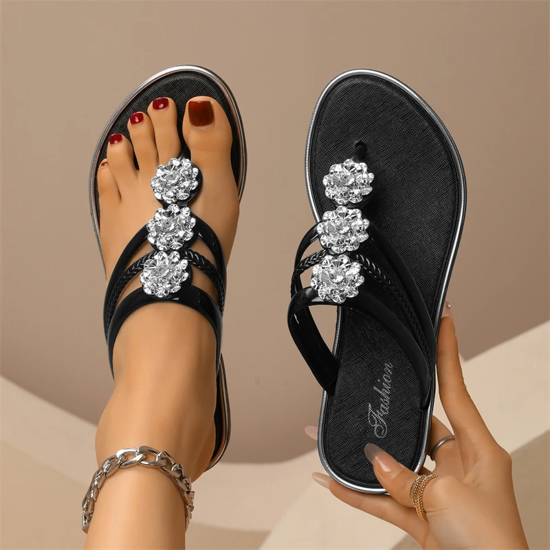 2024 Summer Slippers Women Casual Shiny Silver Flip Flops Beach Sandals Female Flat Shoes Lady Room Slippers Lady Footwear