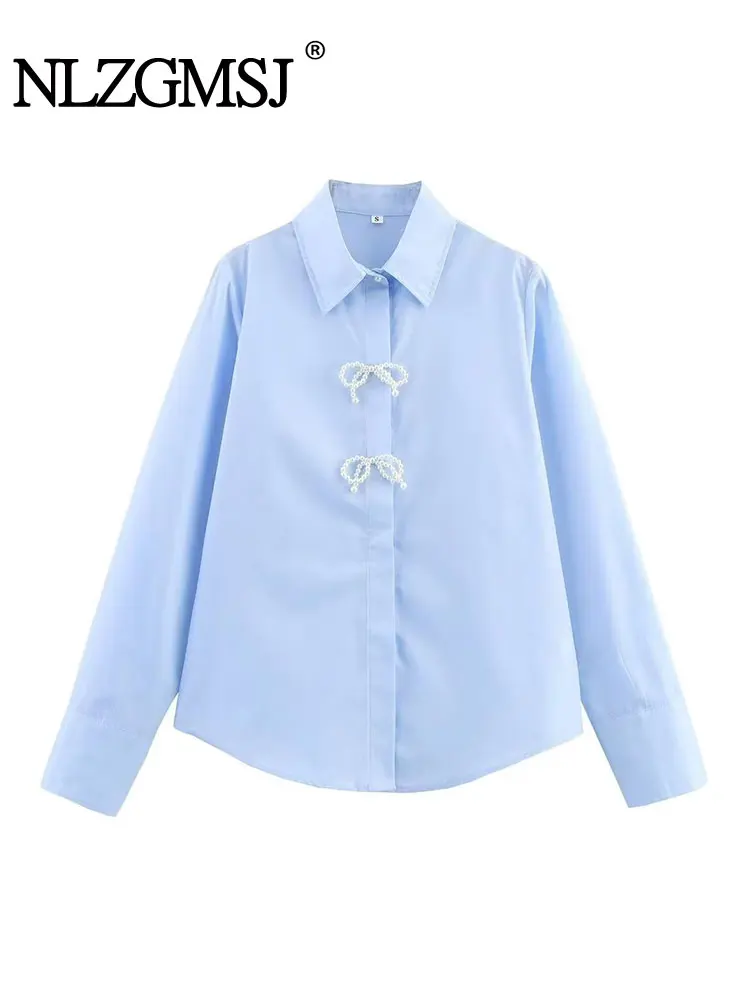 

2025 Spring Summer Casual Women Blouse Pearl Bow Turn-down Collar Button Long Sleeve Loose Blouse Fashion Shirts