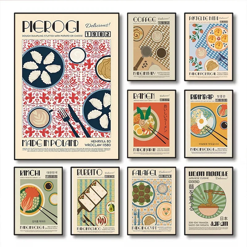 Póster de arte de comida Bibimbap, raviolis, Ramen, huevos, café, Pizza, Tacos, lienzo, pintura, imagen impresa de pared para cocina, habitación, decoración del hogar
