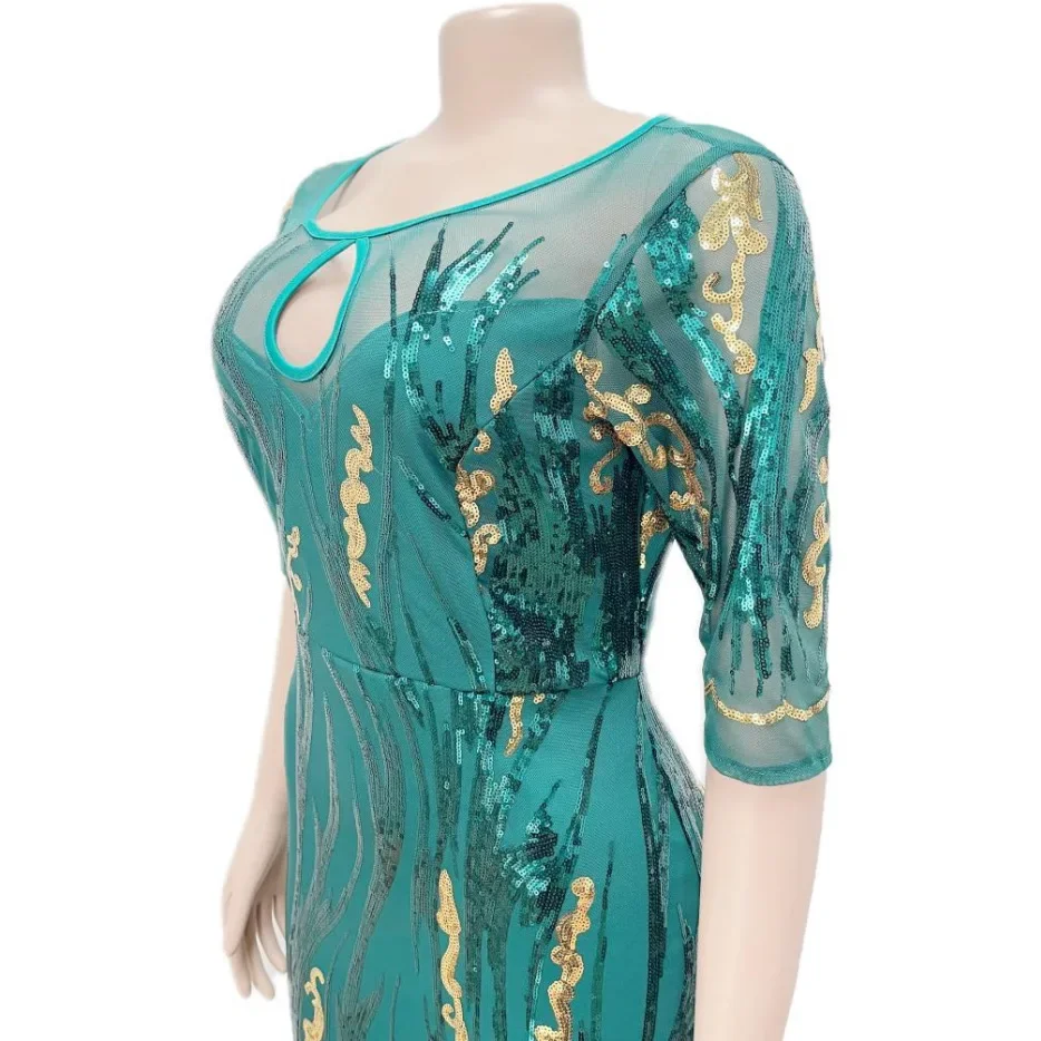 Robe de Soirée Verte à Paillettes pour Femme, Col Rond, Demi-Manche, Tambour à Paillettes, Queue de Poisson, Soirée, Anniversaire, Événement, Midi, 2024