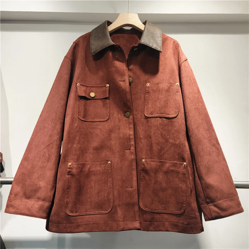 DEAT Women's Coat Lapel Vintage Single Breasted Pockets Suede Brown Loose Female Cargo Jackets 2024 New Fashion Autumn 29L8769