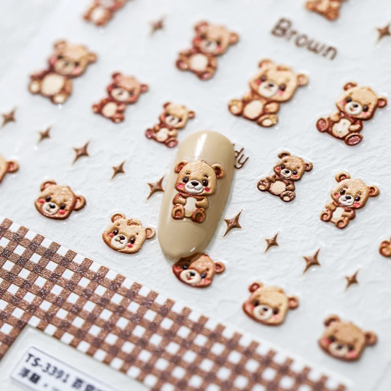 Pretty Bear Checked Pattern Lovely Cartoon Star Brown 5D Embossed Reliefs Self Adhesive Nail Art Sticker 3D Manicure Tool Decals