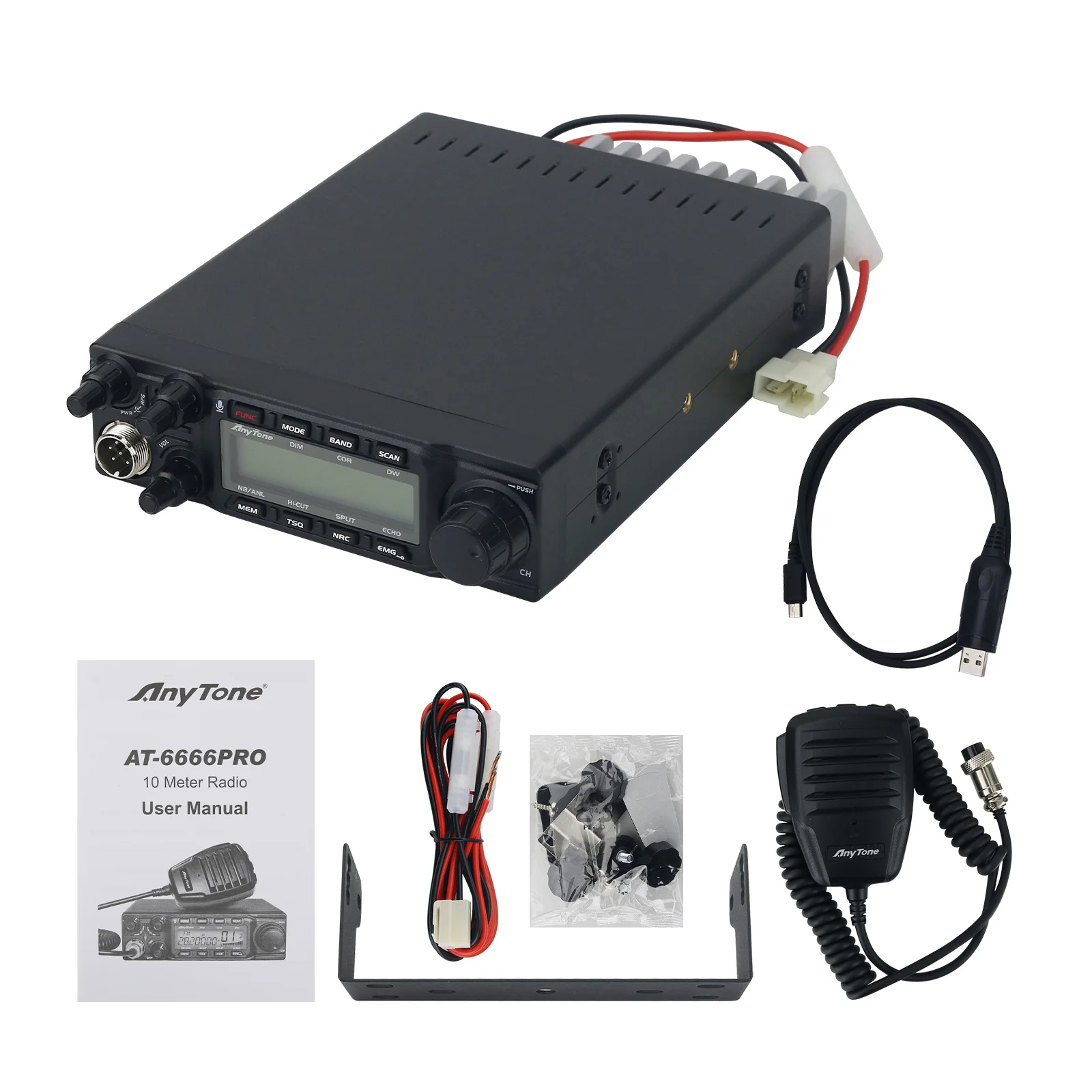 AnyTone AT-6666PRO 28-29.7 MHz 10m 40 Channel Amateur Radio AM/FM/USB/LSB/PA/CW Mode Radio Transceiver + Programming Cable