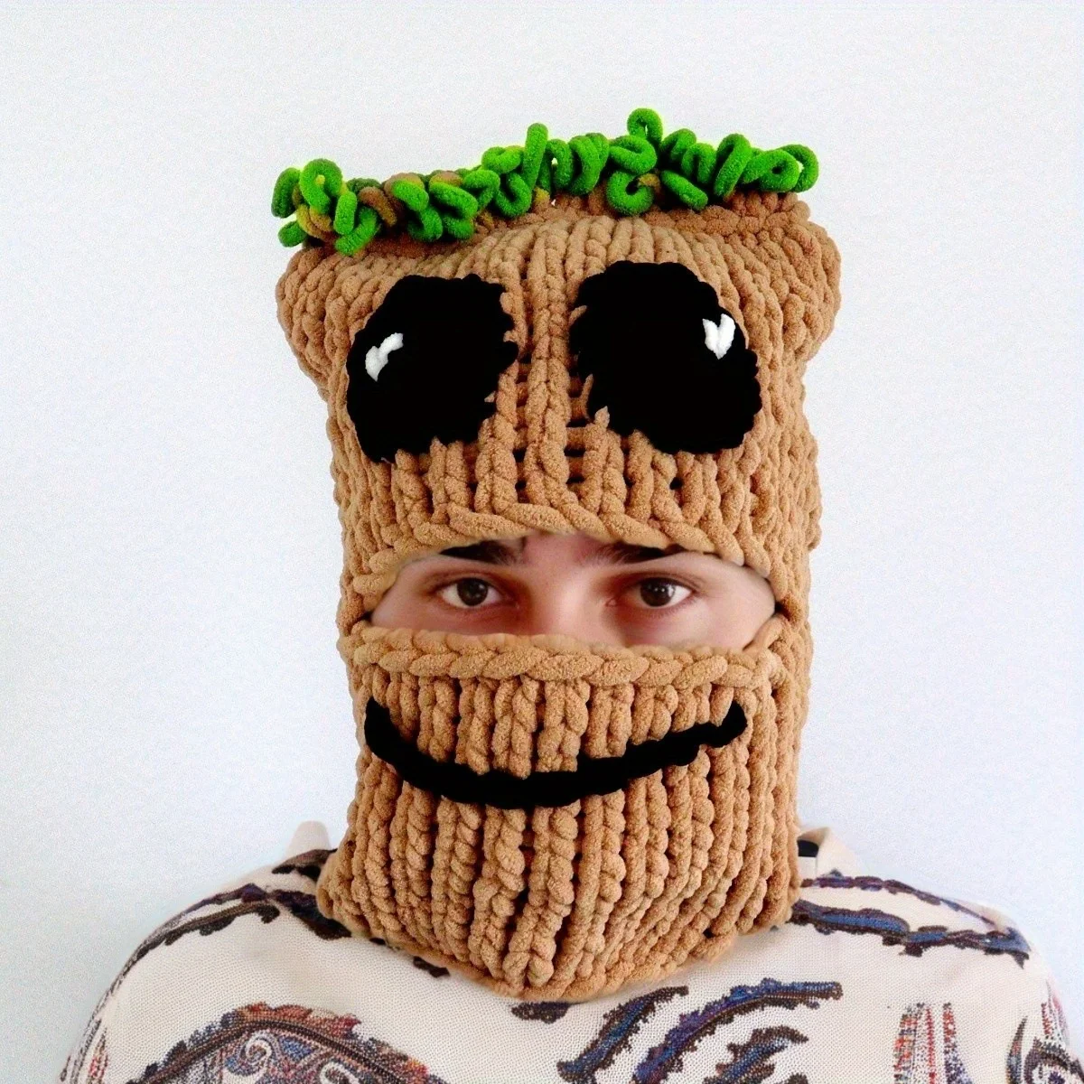 Tree Man Face Mask Hat Handmade Knitted Cute and Funny Groot Autumn and Winter Warm Mask Head Cover Hat