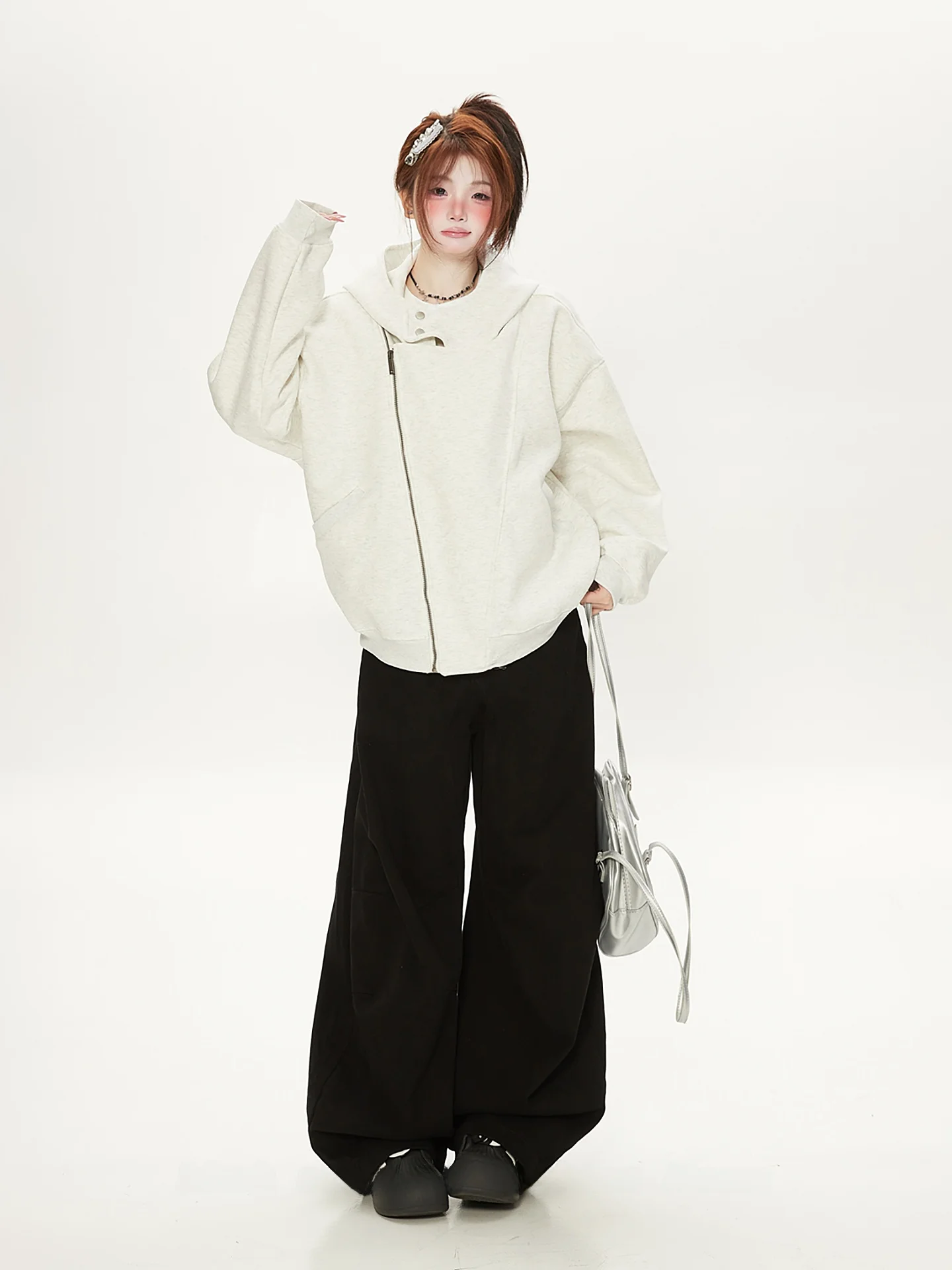 

Свободный крой, корейский стиль, женская куртка с двойной молнией и капюшоном, модная, универсальная, высококачественная, уникальный дизайн, пальто.