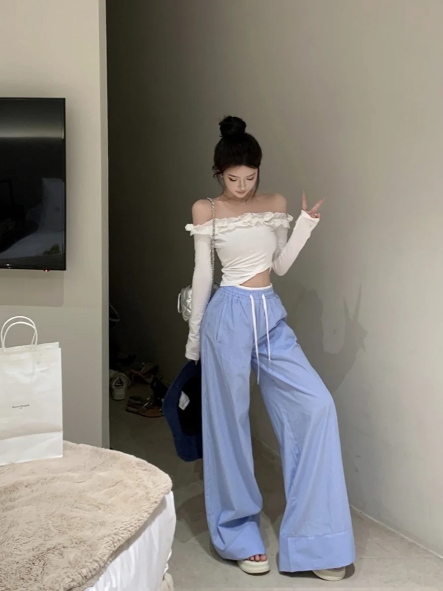 2024 wiosna/lato nowy biały trójwymiarowy kwiat głęboki kołnierzyk Top dla kobiet wiosna jednolity kolor prosta bluzka dla kobiet