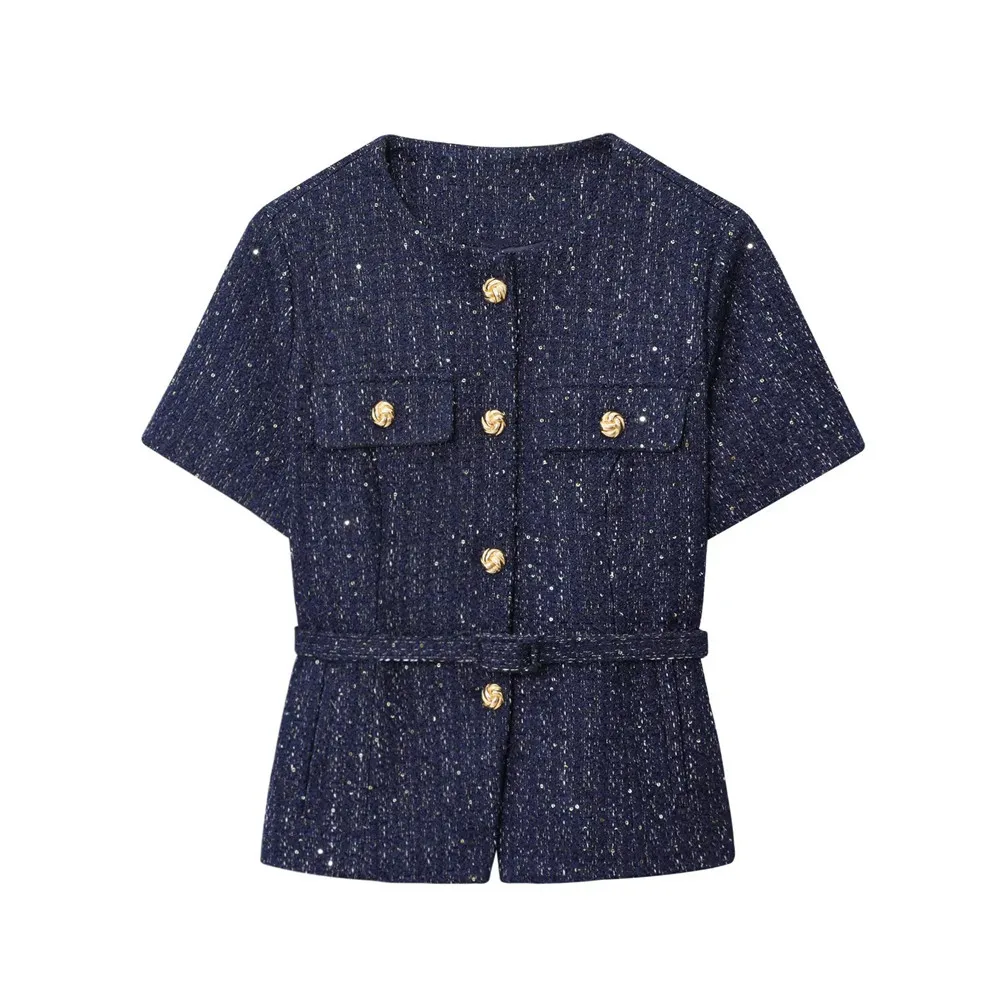 

MYST&ZA2025 Autumn New Women's Fashion Chic with Belt, Gold Button Decoration Round Neck Short Sleeve Blended Coat