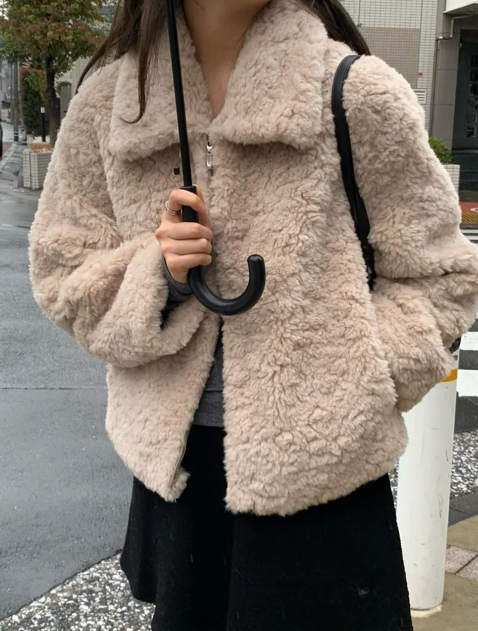 

Thiened Winter OUNCE шерстяное пальто с мехом ягненка, теплый меховой топ на молнии, женская верхняя одежда, свободная посадка, длинный све