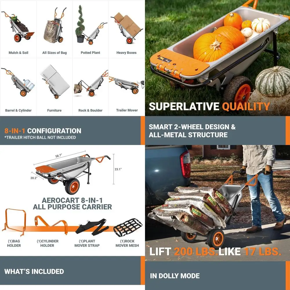 

8-in-1 Heavy-Duty Garden Cart/Wheelbarrow with Dolly, Versatile Outdoor Utility