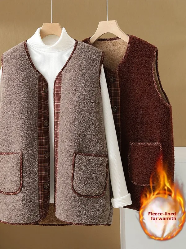 

Женский клетчатый жилет из овечьего меха на подкладке, свободный утягивающий универсальный кожаный меховой жилет с внутренней отделкой, осень-зима, новый Sle V Ne