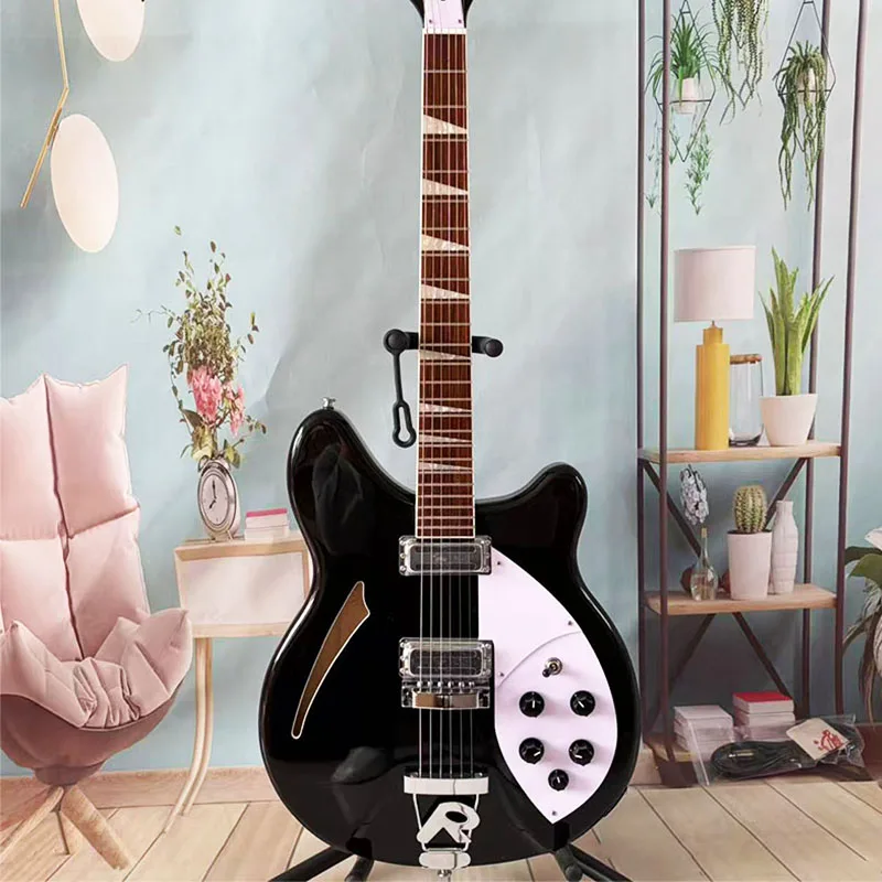 6‑string Black Semi‑Hollow Electric Guitar, Basswood Body, Maple Neck, Tremolo System, Rock Style, Right‑Handed Model, Holiday G