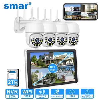 Smar 10.1 Polegada monitor 3mp kit de vigilância sem fio ao ar livre wifi ip ptz sistema câmera segurança 8ch nvr kit casa mornitoring conjunto