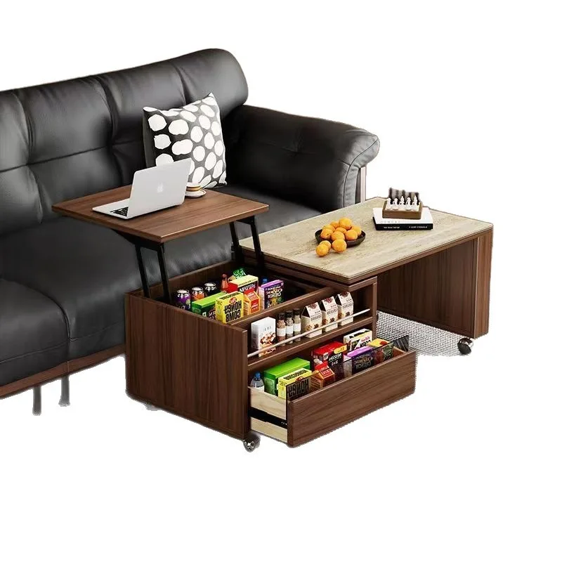 Solid wood telescopic lifting coffee table with rollers, movable living room storage table small function push-pull storage