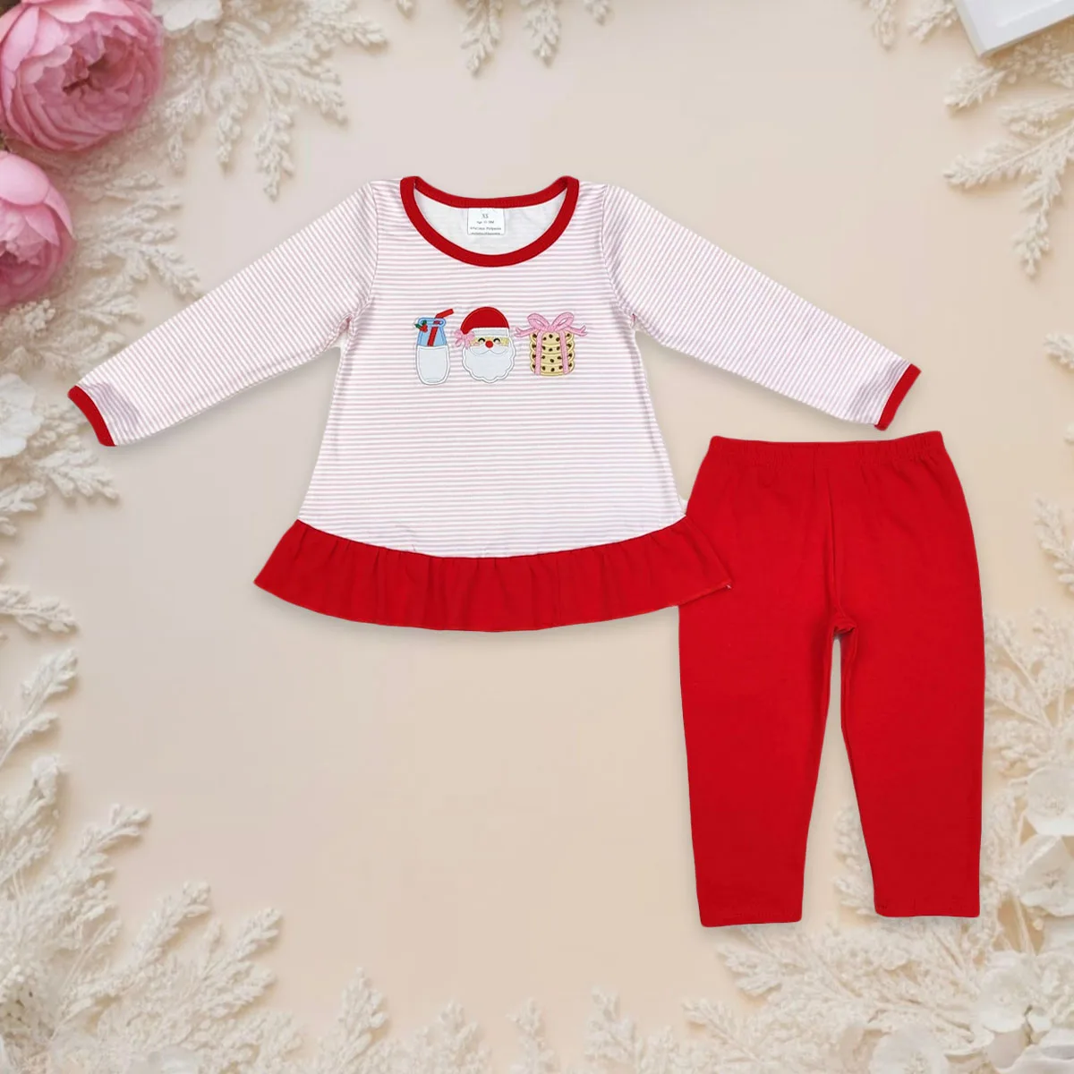 

Baby Girl Clothes Kids Sets Christmas Toddler Long Sleeves Embroidery Santa Pink Stripes Tops Red Pants Outfit Children Clothing