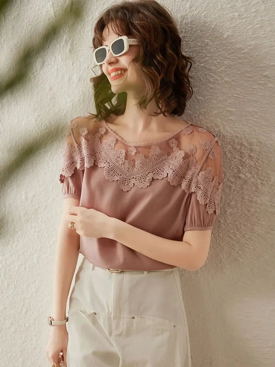 LOUIS YAO Women Shirt 2024 Spring New Lace Blouses Round Neck Short Sleeve Loose Fit Casual Fashionable Elegant Women\'s Top