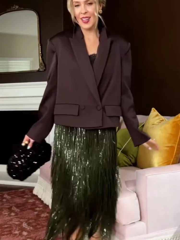 Green Sequin Midi Skirt Women Fashion Shiny Solid High Waist Bodycon Medium Length Skirts Lady 2025 Christmas Evening Party Gown