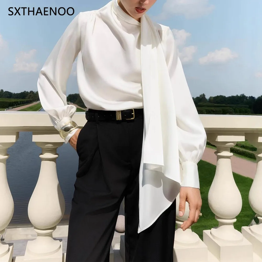 

SXTHAENOO Women's Clothing New French Elegant Streamer Top Shirt Gas Commuter Pullover Long-sleeved Shirt Camisas Women 2025