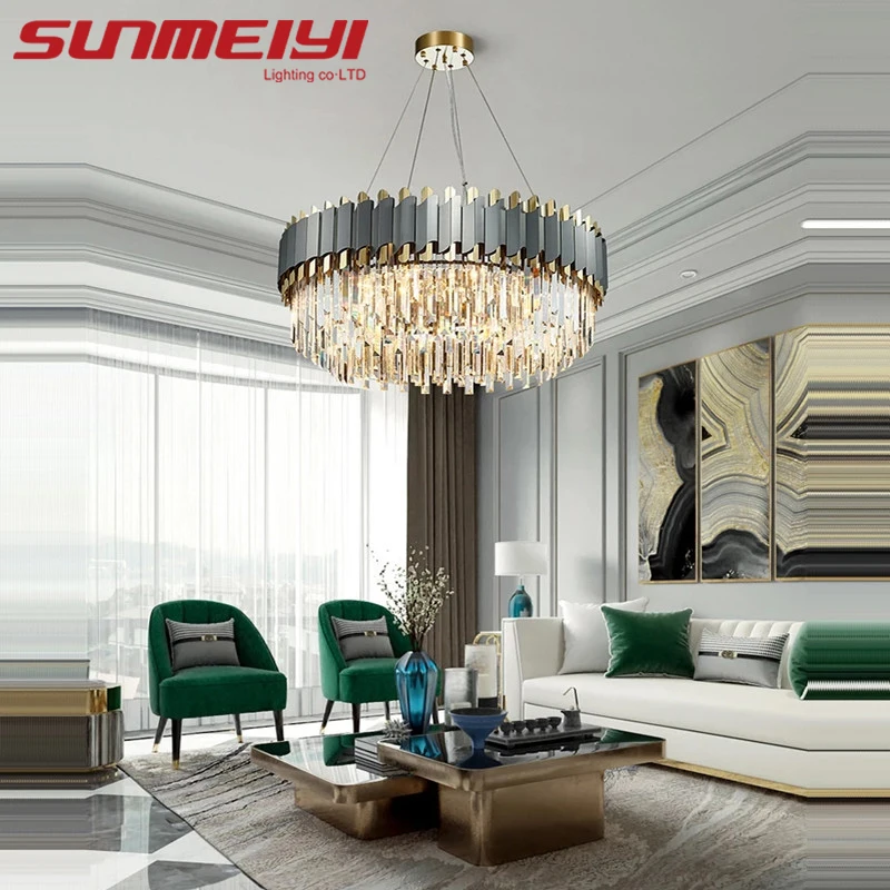 

Modern Luxury LED Crystal Chandeliers Black Gold Stainless Steel Living Room Lobby Dining Room Light Fixtures