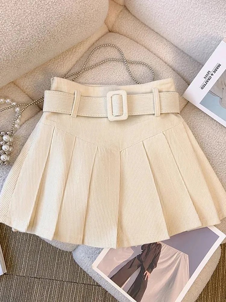 

Вельветовая плиссированная юбка с милым поясом, женская винтажная тонкая сексуальная мини-юбка с высокой талией, корейский консервативный стиль, осенняя танцевальная юбка трапециевидной формы