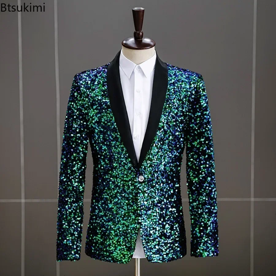 2024 Men\'s Sequins Suit Jacket White Green Stage Performance Host Wedding Party Male Blazer Single Button Fashion Man Suit Coats