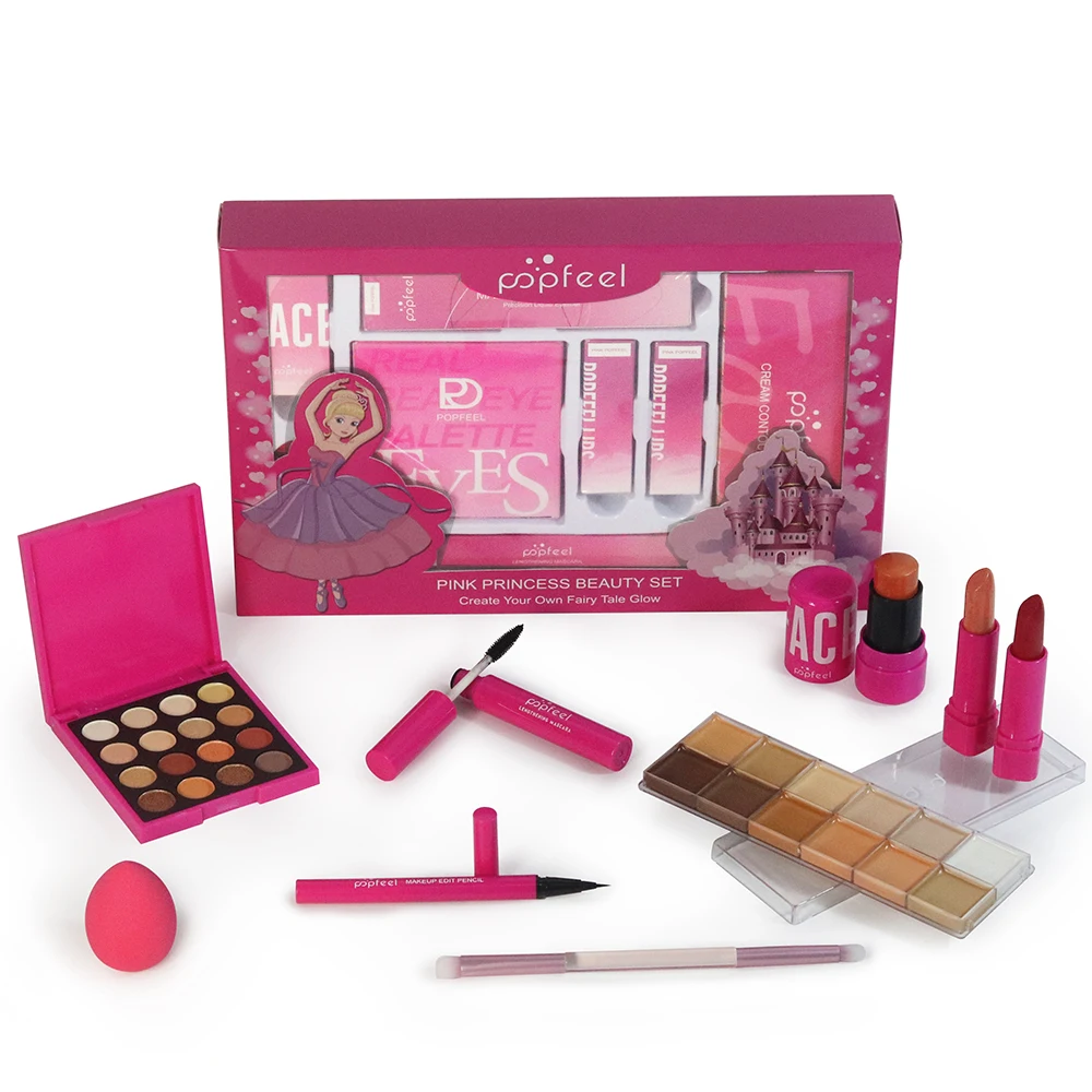 POPFEEL Różowy Zestaw do Makijażu Księżniczki - 8-częściowy Zestaw Kosmetyków na Prezent na Boże Narodzenie, Urodziny i Święta |   Zawiera cienie do powiek, szminkę