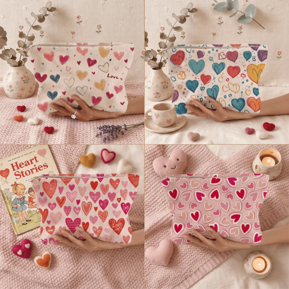 Multifunctional Corduroy Corduroy Storage Bag Hand-painted Letter Color Makeup Bag Canvas Heart Print Makeup Pouch Women
