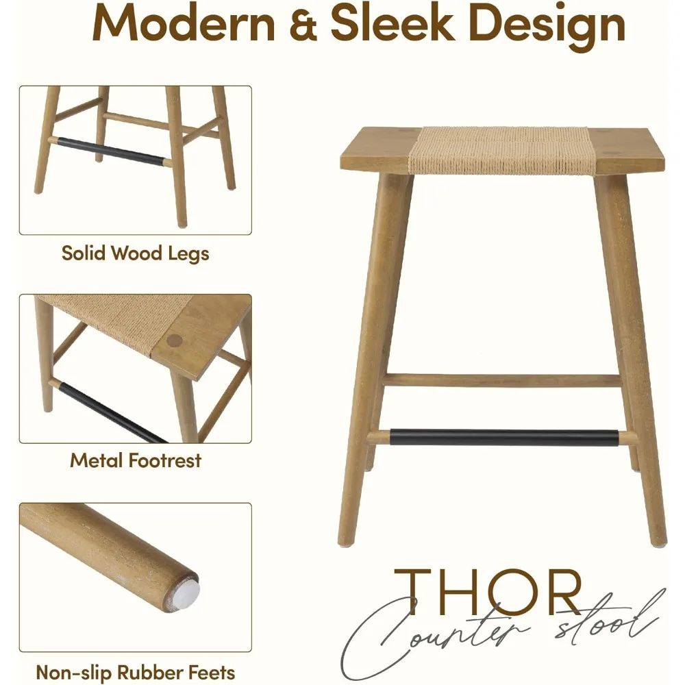 مقعد خشبي بارتفاع عداد من الخيزران مع حبل محبوك يدويًا، K/D، جزيرة بدون ظهر 24 مقعد خوص للمطبخ، صلب