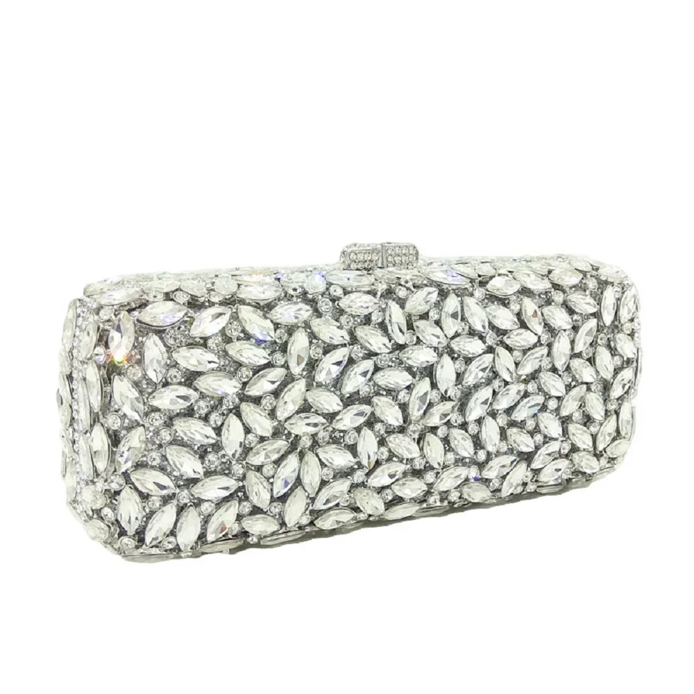 Boutique De FGG (in stock) Women Silver Crystal Clutch Evening Bags Box Minaudiere Handbag Bridal Purse Wedding Party Clutches