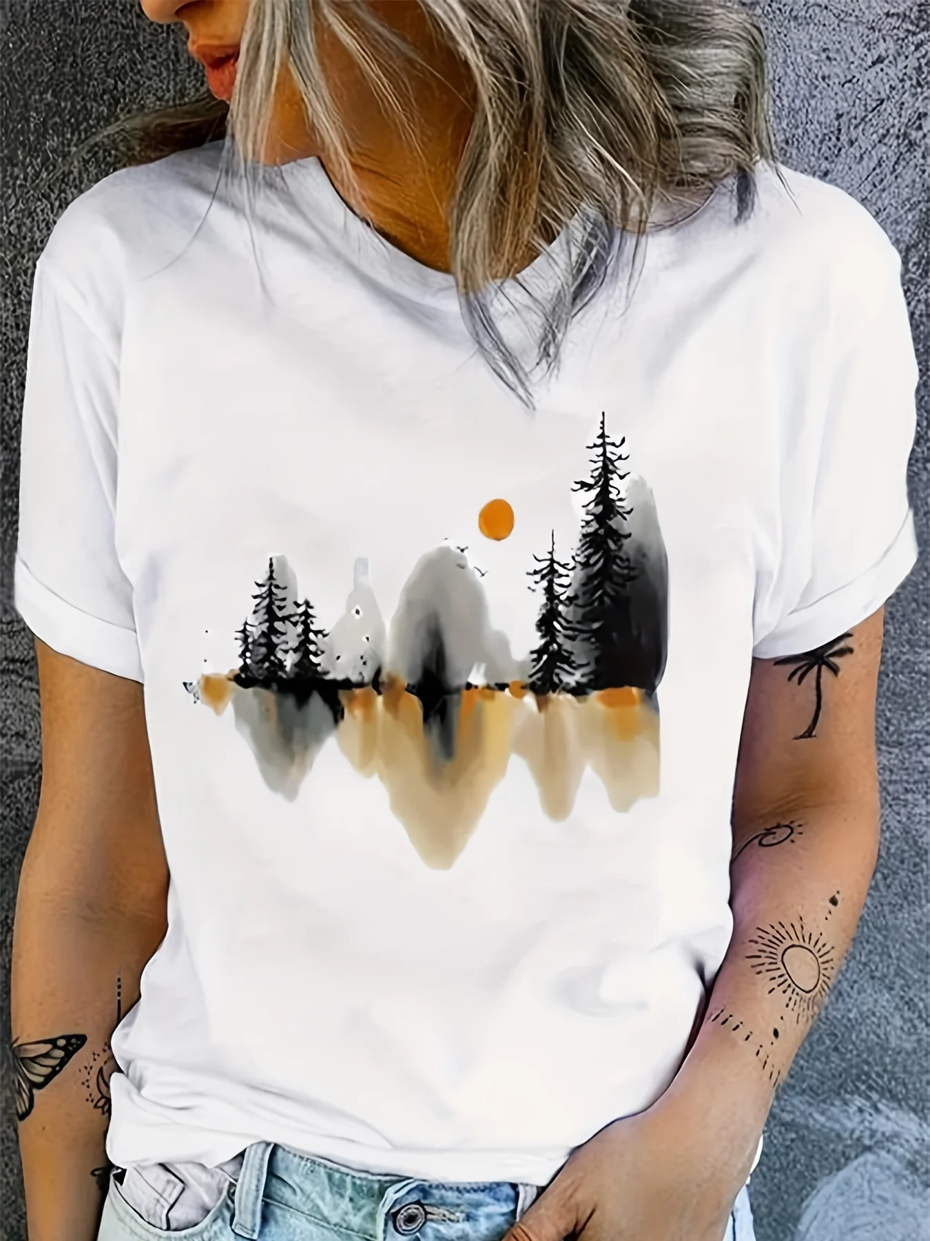 

Landscape Ink Print T-shirt, Casual Crew Neck Short Sleeve T-shirt, Women's Clothing