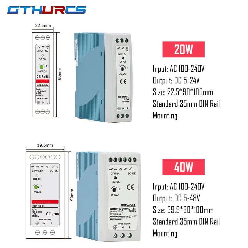 산업용 미니 AC DC Din 레일 전원 공급 장치 스위치 MDR-10W, 단일 출력 스위칭, 12V 24V 소스, 20W, 40W, 60W, 100W