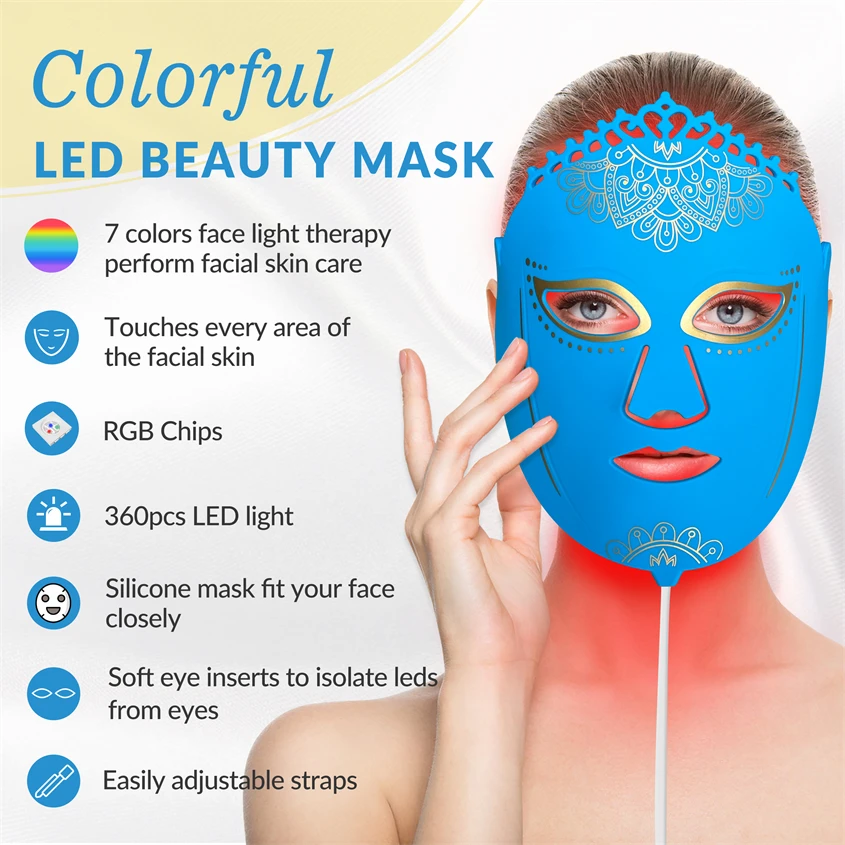 Portable 7 Color LED Facial Mask Light Theraphy Face Shield with LED Lights Reduce Hyperpigmentation Redness Wrinkles Device