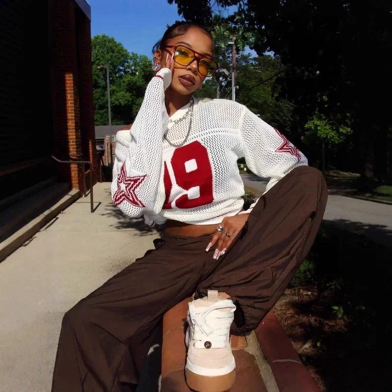 

Вязаные футболки с буквенным принтом, женские модные свободные повседневные уличные футболки с v-образным вырезом и длинными рукавами, универсальные топы