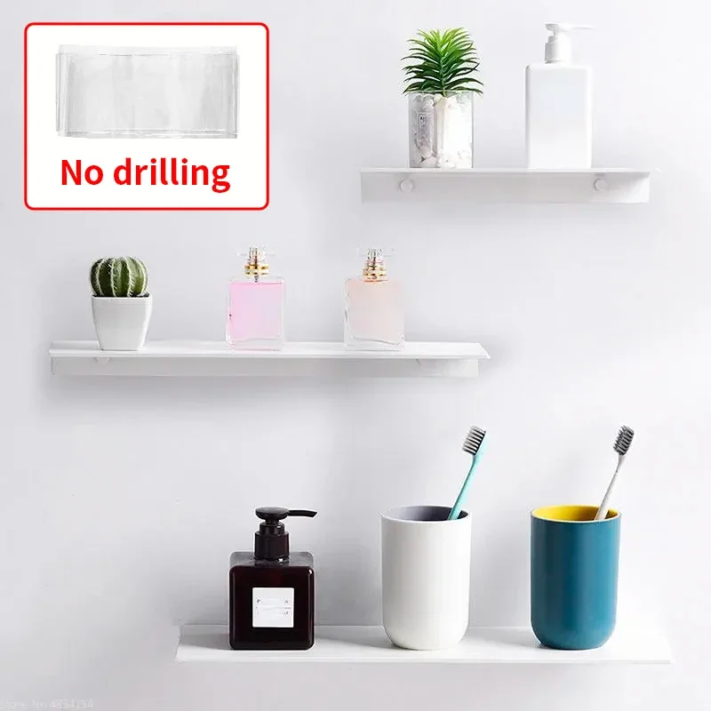 Small Shelf Without Drilling Shampoo Holder Bathroom Wall Floating White Shelves Stick Bath Organizer for Kitchen Accessories