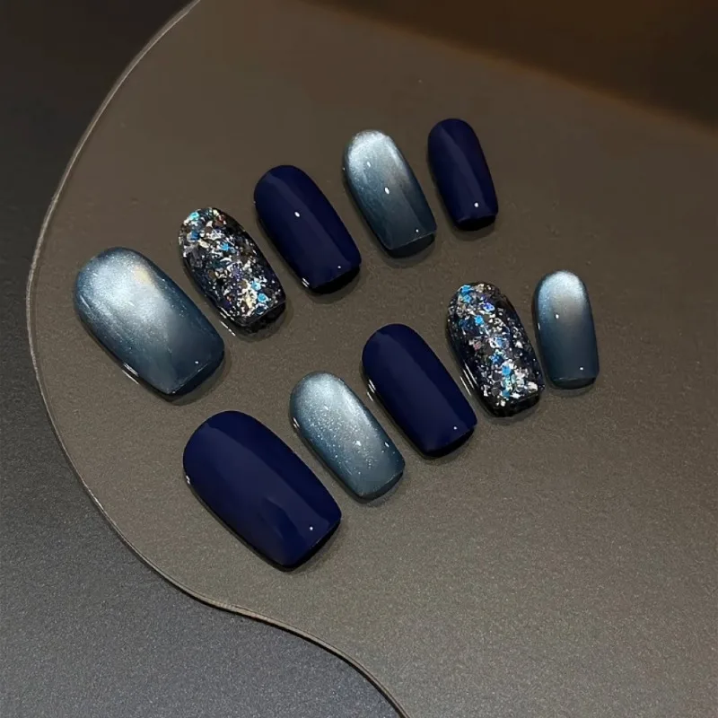 10Pcs Fake Nails Blue Cat-Eye Glitter Short-Length Press-On Nails for Fall/Winter Perfect Gift for Women and Friends