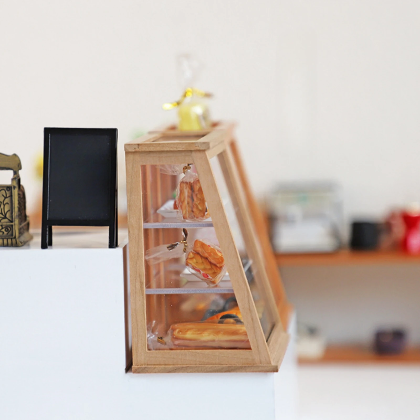 Miniature Display Cabinet Wooden Display Cabinet with Three Shelves Miniature Showcase High Simulation Shelf Simple