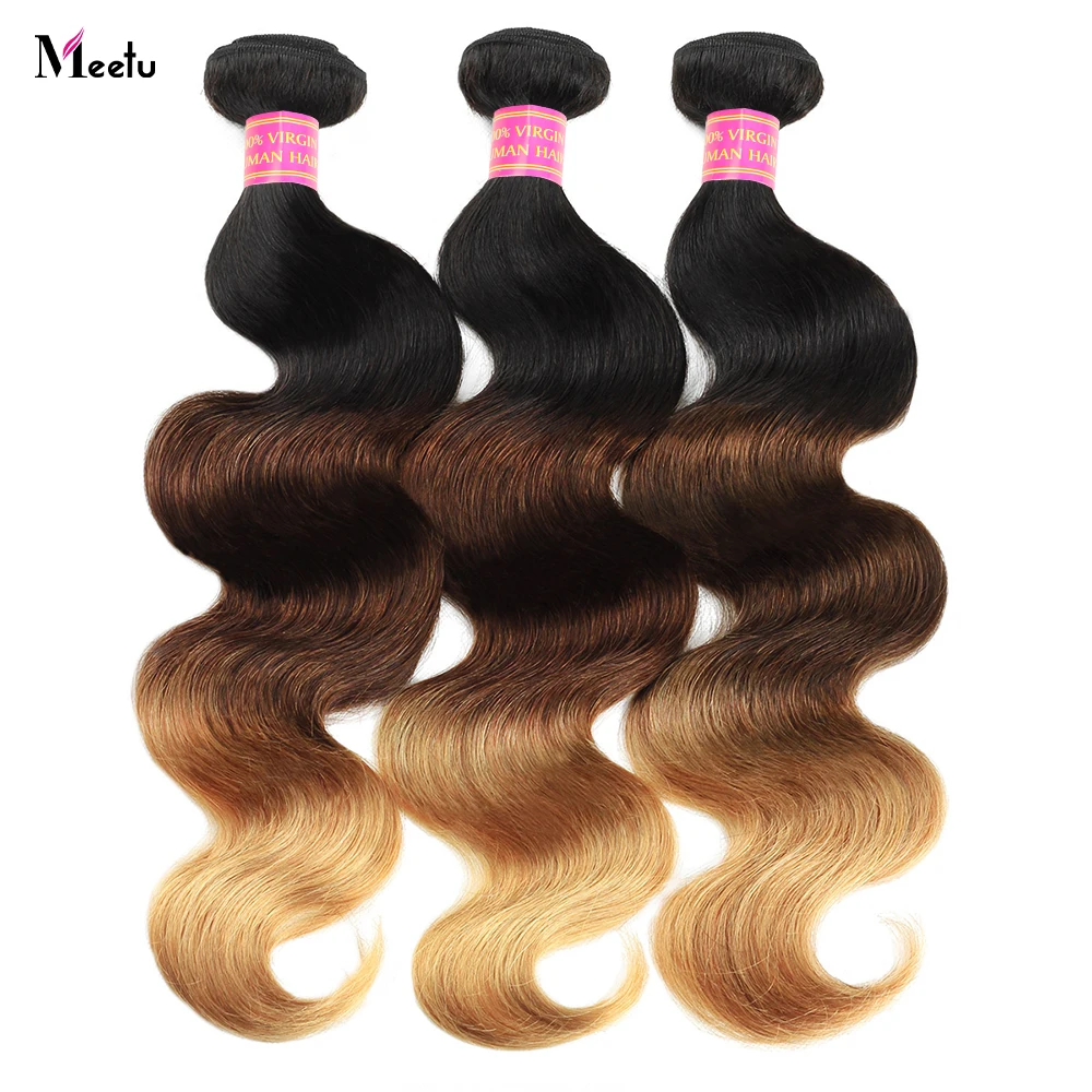 Meetu 1B 4 27 Brown Blonde Bundles Cabelo Humano Corpo Onda Feixes de Cabelo Humano Brasileiro Remy Cabelo Humano Weave Extensões 1/3/4 PCS