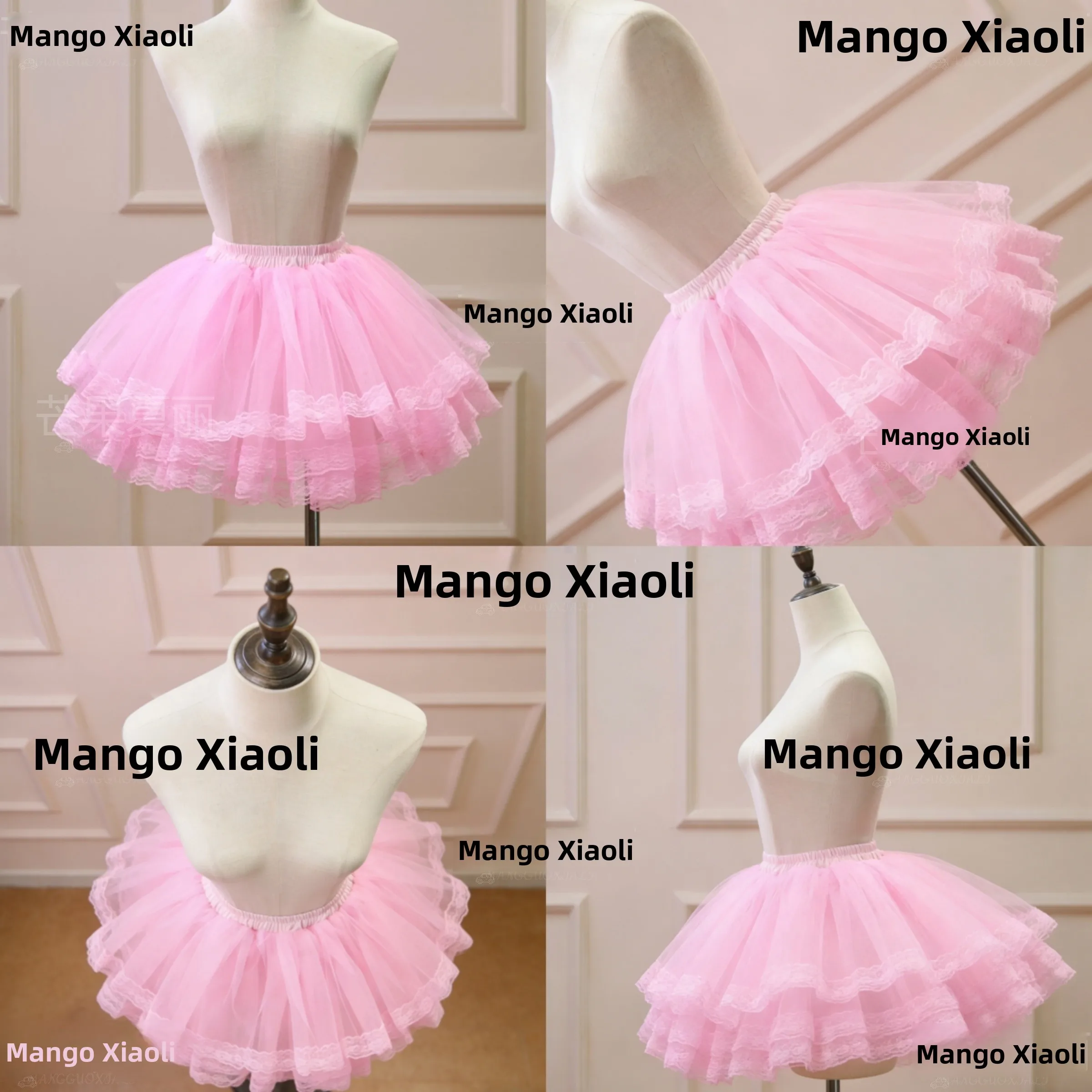 Pink Lolita Puffy Skirt Petticoat Short Lace Trimmed No-Bone Support Daily Wear Polyester Fabric Girls Students Fashion
