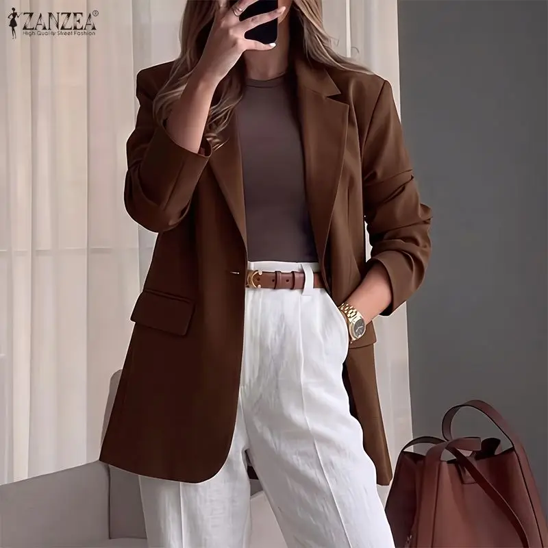 ZANZEA Women Blazer Fashion Long Sleeve Blazer Jackets OL Casual Office Work Thin Suit Tops Streetwear Spring Autumn
