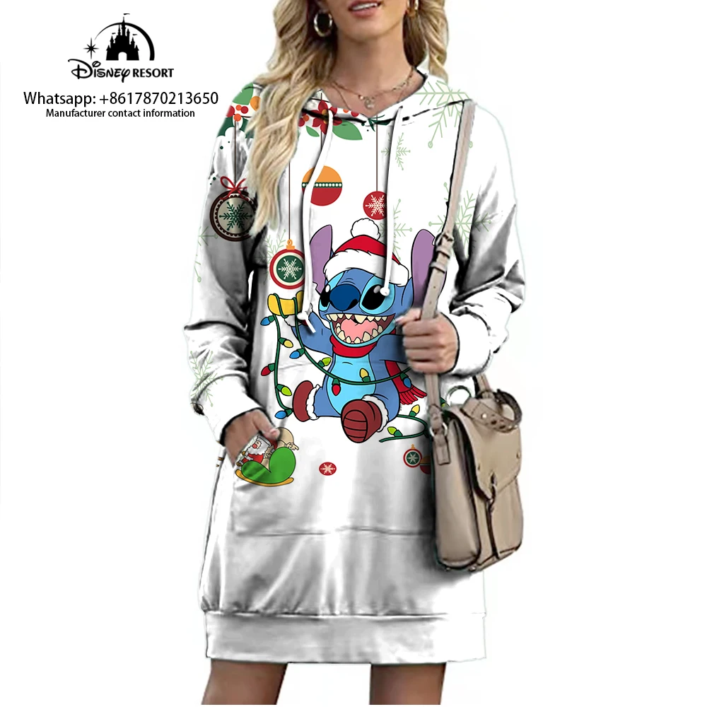 Christmas Disney Brand Stitch Cartoon Long Hoodie Autumn New Mini Sexy Long Sleeved Dress Korean Fashion Elegant Ladies Party