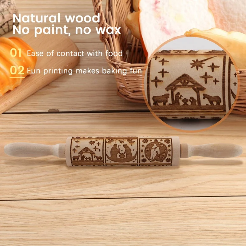 Nativity Pattern Xmas Christmas Wooden Embossing Rolling Pin With 9 Different Scene For Baking Embossed Cookies