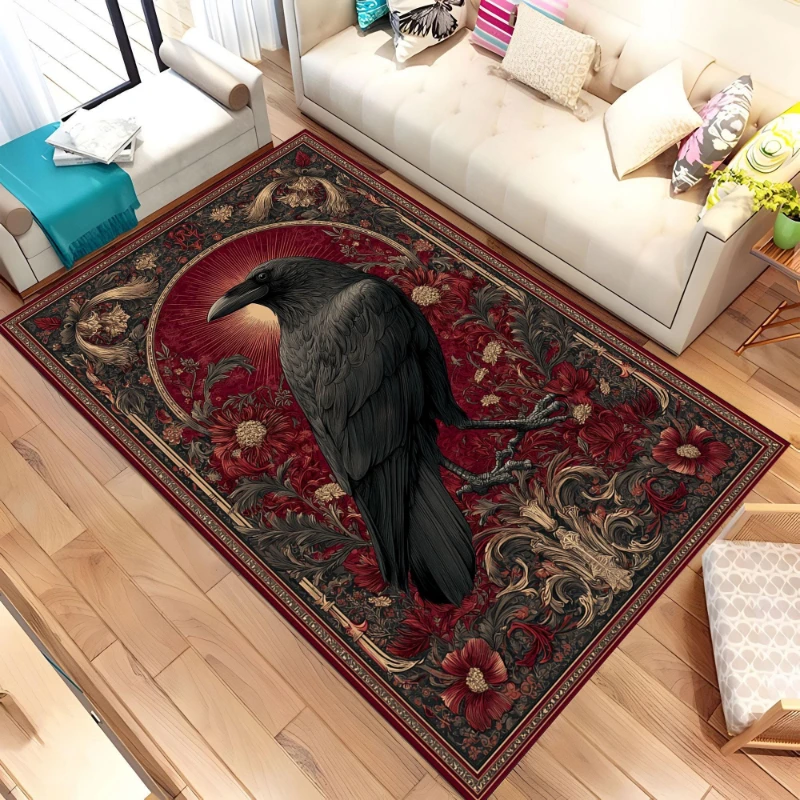 Vintage Red Tone Black Crow Floral print Carpet,Bedside Bedroom,Studio,Game Room Mat,Welcome Rug,Washable Carpet,Surprise